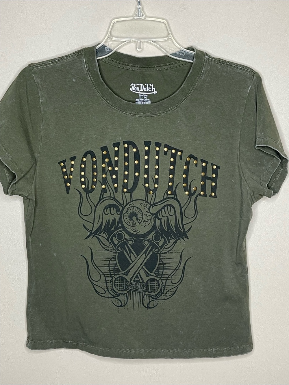 Von Dutch Women’s Olive Distressed Green Graphic Tee Size XL EUC